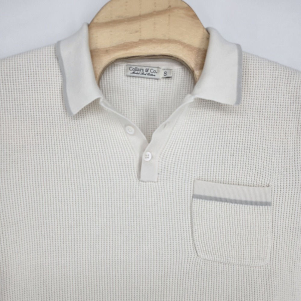 Collars And Co Waffle Knit Mens Polo Cream Small Short Sleeve Gray Trim Modal